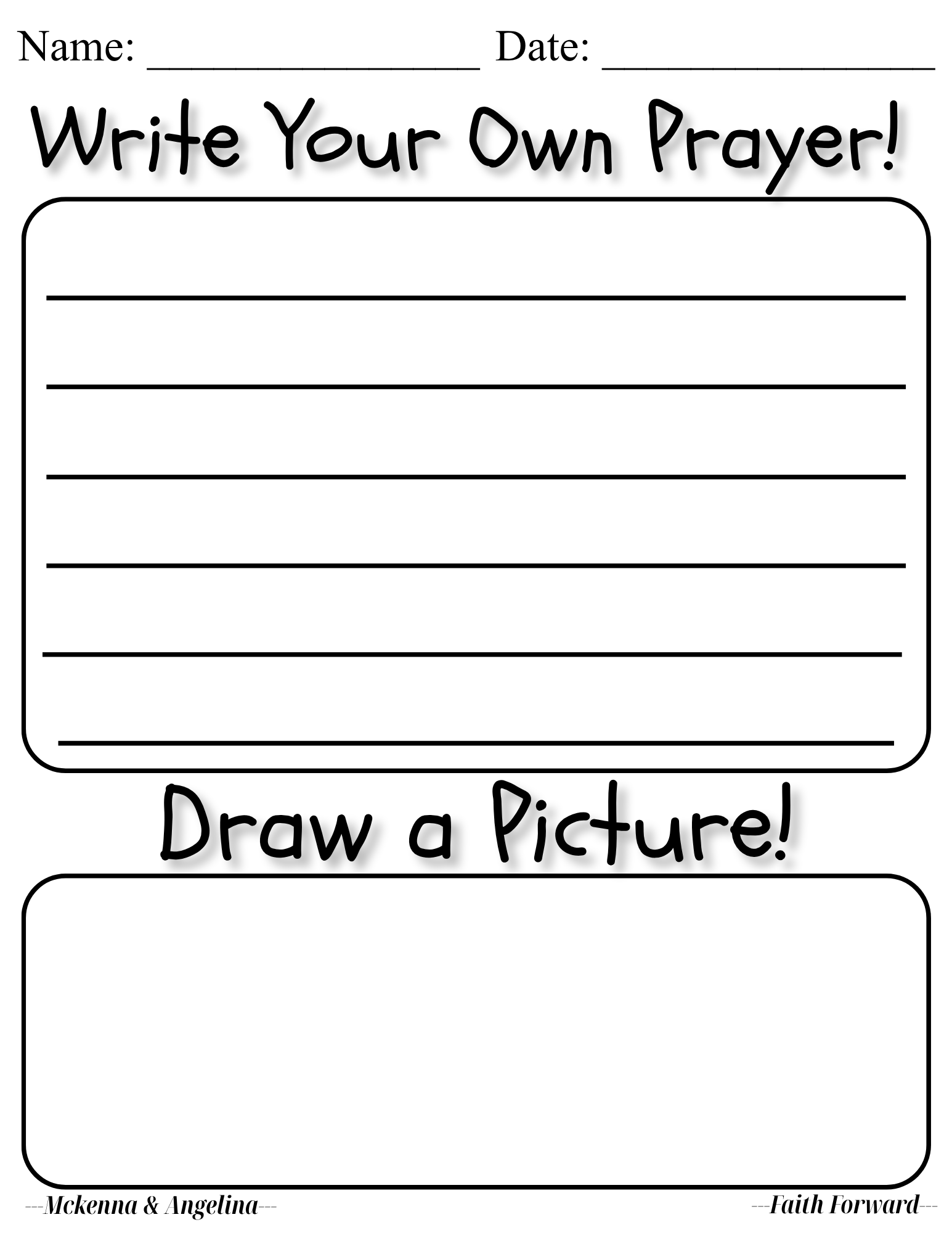 An activity page with lines to write a prayer and space to draw your own picture.