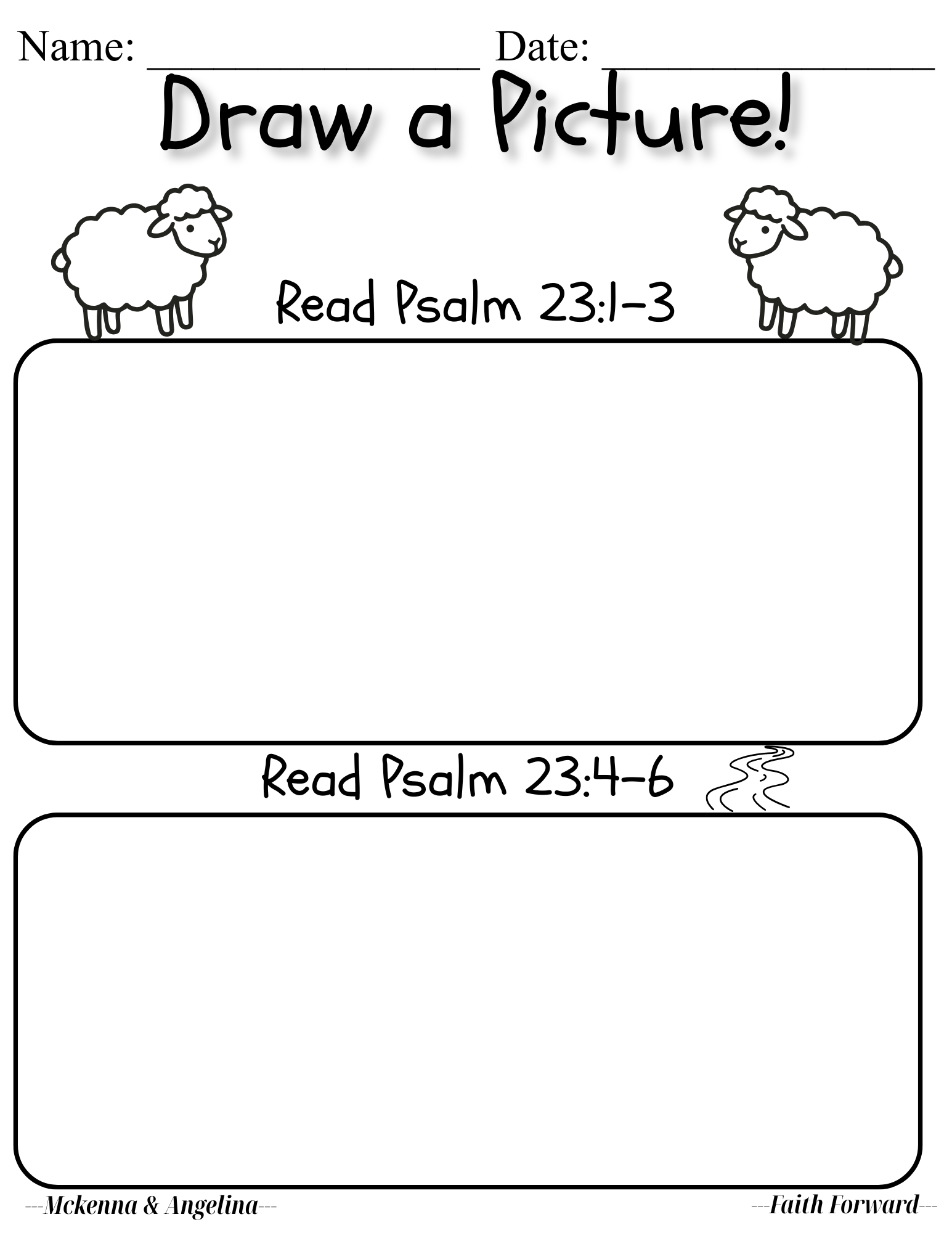An activity page with space to draw pictures based on Psalm 23:1-3 and Psalm 23:4-6.