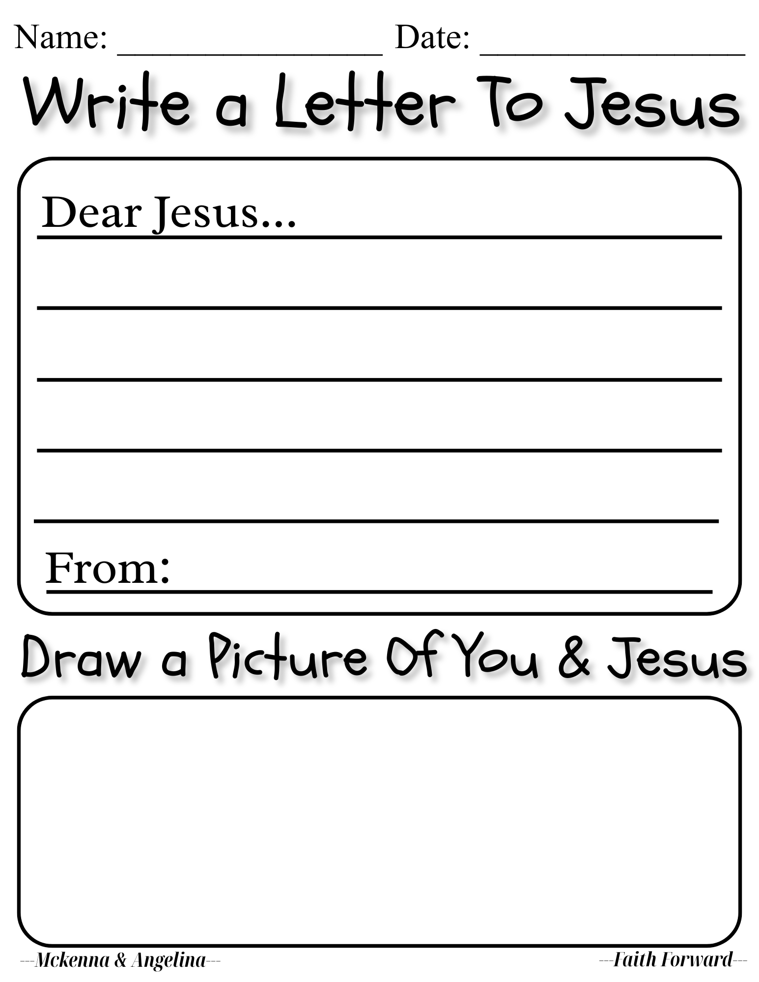 An activity page with lines to write a letter to Jesuss and space to draw a picture of Jesus and you.